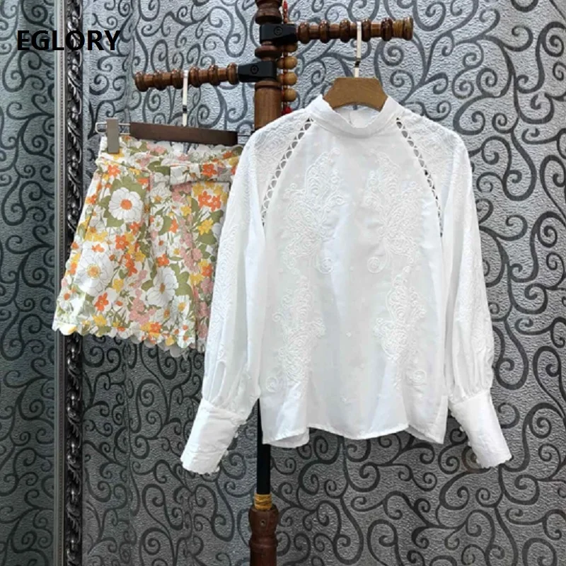 

Top Grade Designer Clothing Sets 2019 Autumn Short Sets Women Hollow Out Embroidery White Blouse+Flower Print Short Suits & Sets