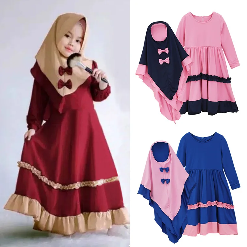 Musulmán 2 piezas conjunto niñas vestido de princesa para niños Abaya Hijab Khimar Niqab burka Jilbab islámica niños oración bata Kaftan Ramadán