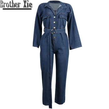 

Fashion Streetwear Denim Jumpsuits Overalls Women 2020 Autumn Long Sleeve Loose Casual Jeans Romper Jumpsuit Clothes With Belt