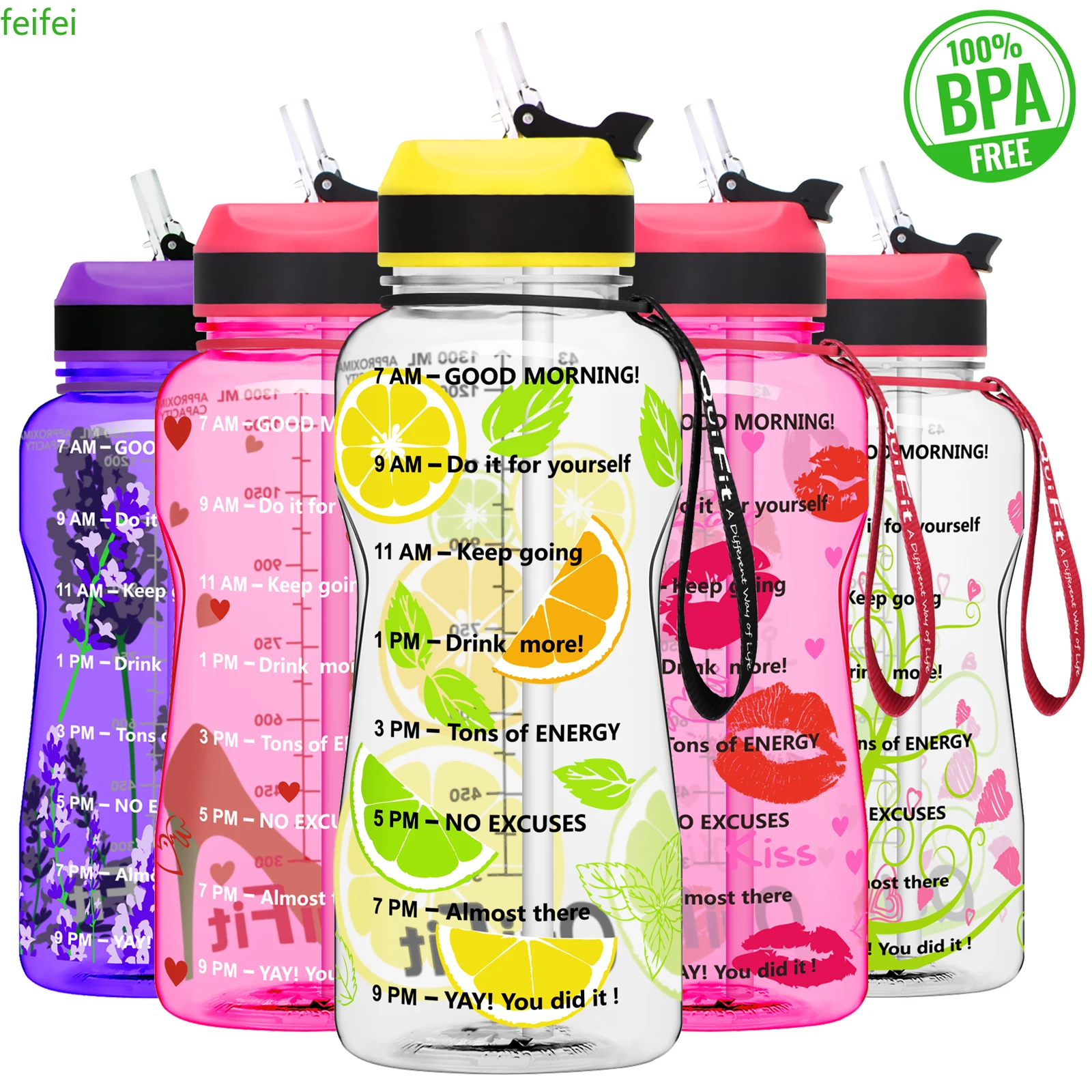 QuiFit 2L 1.3L 450ml Half Gallon Tritan Water Bottle With Straw BPA