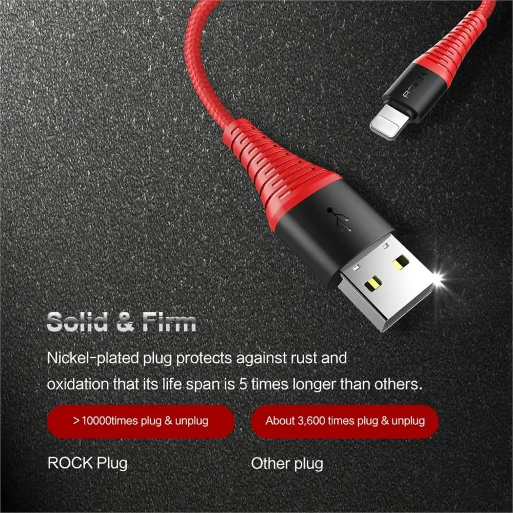 Rock для USB защитный кабель зарядное устройство для iPhone xs max xr x 8 7 6s plus 5 apple ipad pro Кабель для быстрой зарядки данных 1 м 2 м 8 pin 2A