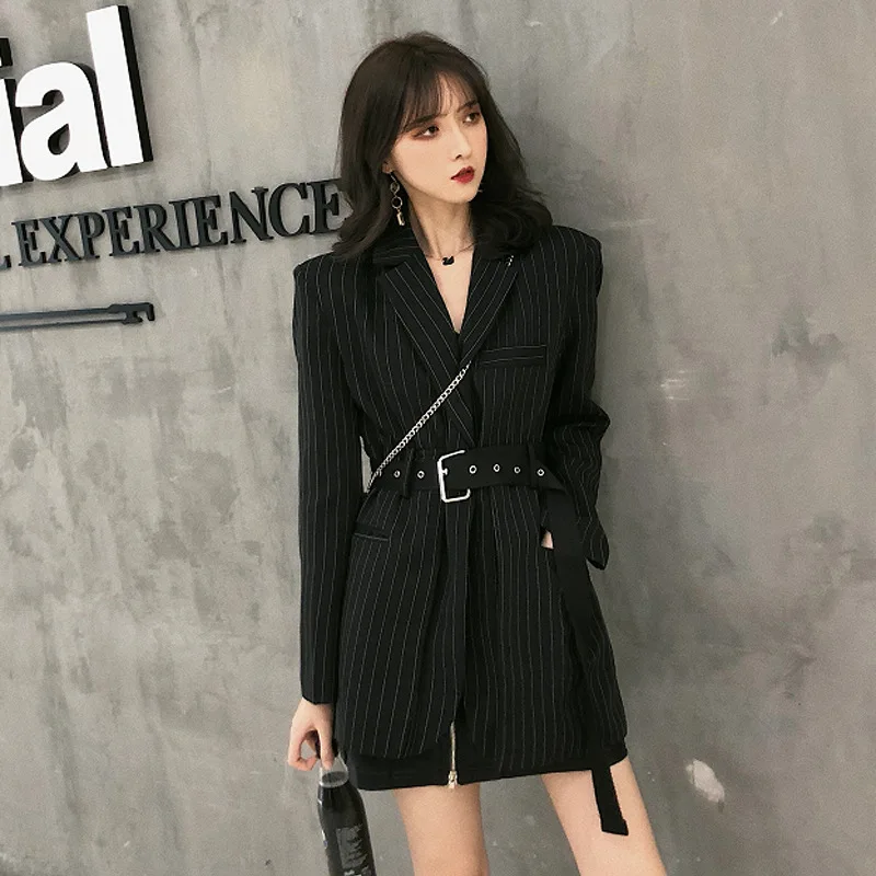 

Coat Women's Spring New Style Fashion CHIC-Style Simple Stripes Versatile Mid-length Long Sleeve Suit with Belt Students