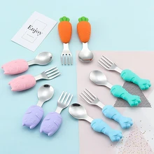 Cuillère d'entraînement pour bébé, fourchette enfants, vaisselle de dessin animé, infantile apprendre à manger, cuillère d'entraînement à manche court, ustensile d'alimentation 2 pièces/ensemble pour enfants 