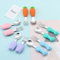 Cuillère d'entraînement pour bébé, fourchette enfants, vaisselle de dessin animé, infantile apprendre à manger, cuillère d'entraînement à manche court, ustensile d'alimentation 2 pièces/ensemble pour enfants 