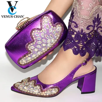 

Purple African Ladies Matching Shoe and Bag Material with Crystal Italian Shoes and Bags Set for Party Women Shoe and Bag