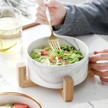

Ceramic Salad Bowl Fruits Dessert Bowl With Wooden Stand For Serving Noodle Fruits And More Marble