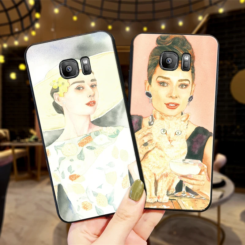 Soft Silicone Phone Case For Samsung S6 S7 Edge S8 S9 S10 PLUS NOTE 8 9 M10 20 30 Back Cover Fashion goddess Audrey Hepburn art | Мобильные