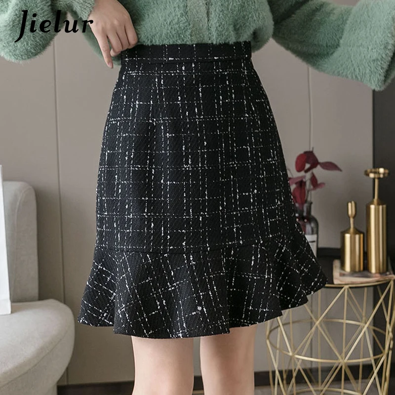 

Jielur Trumpet Women Skirt Slim High Waist Autumn Winter Plaid Skirts Chic Saia Faldas Korean Black Mini Skirts Womens S-XL