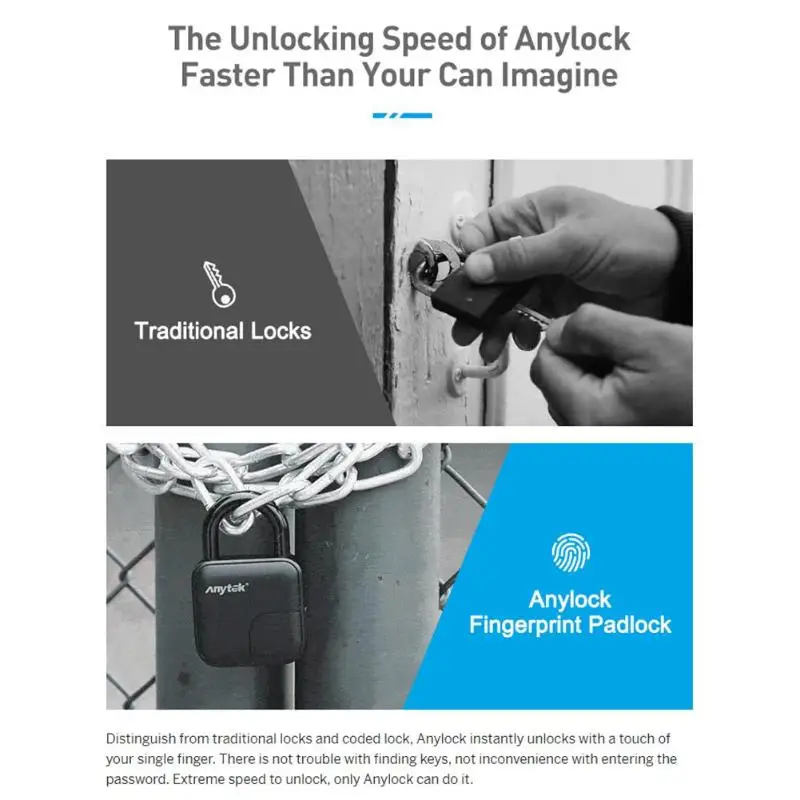 Anytek, умный, без ключа, с отпечатком пальца, замок для двери, чехол для багажа, замок для дорожных сумок, гаражная дверь, велосипедный мотор, защита от кражи