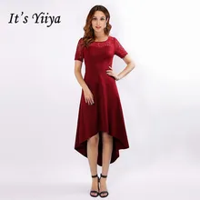 Это платье для выпускного вечера Yiya, элегантные бордовые платья больших размеров, женские вечерние кружевные платья с круглым вырезом, высокая низкая длина, Vestidos de gala C441