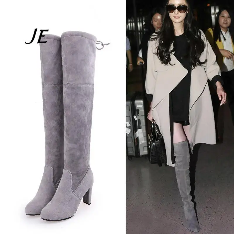 

Je2017 Autumn Boots Europe And America over-the-Knee Boots Pointed Toe Nubuck Leather Chunky-Heel High Heels Boots Thigh Boot WO