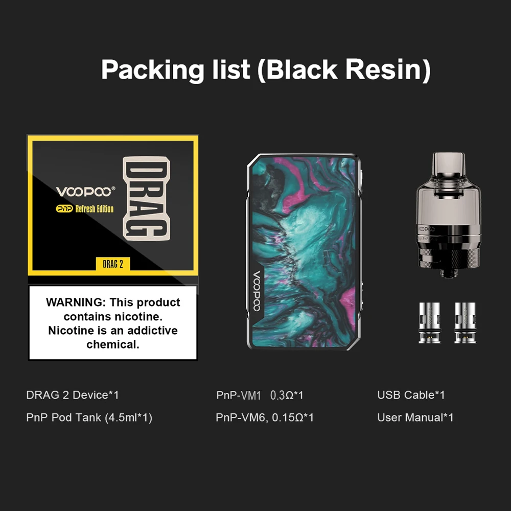 VOOPOO Drag 2 Refresh Edition Mod 177W Kit 4 5 мл PnP Pod Tank Box Черная смола/платина без аккумулятора 18650