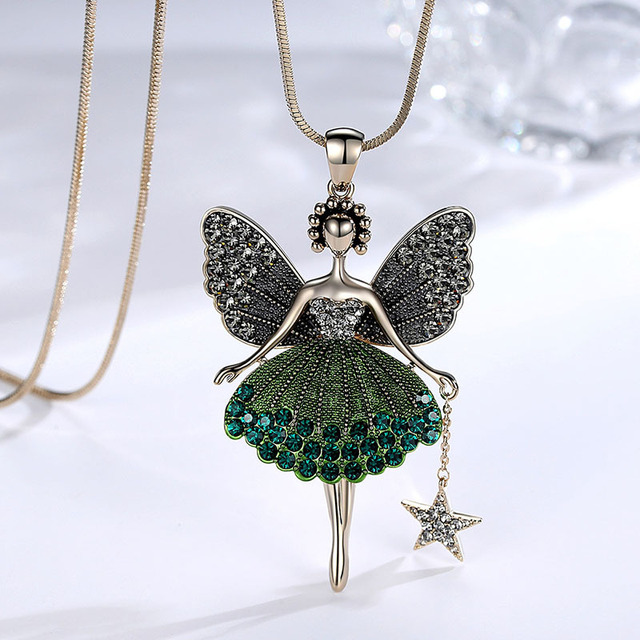 Fashion Statement Angel Fairy Pendant Necklace Women Crystal Dancing Girl Long Chain Necklace Winter Jewelry Accessories