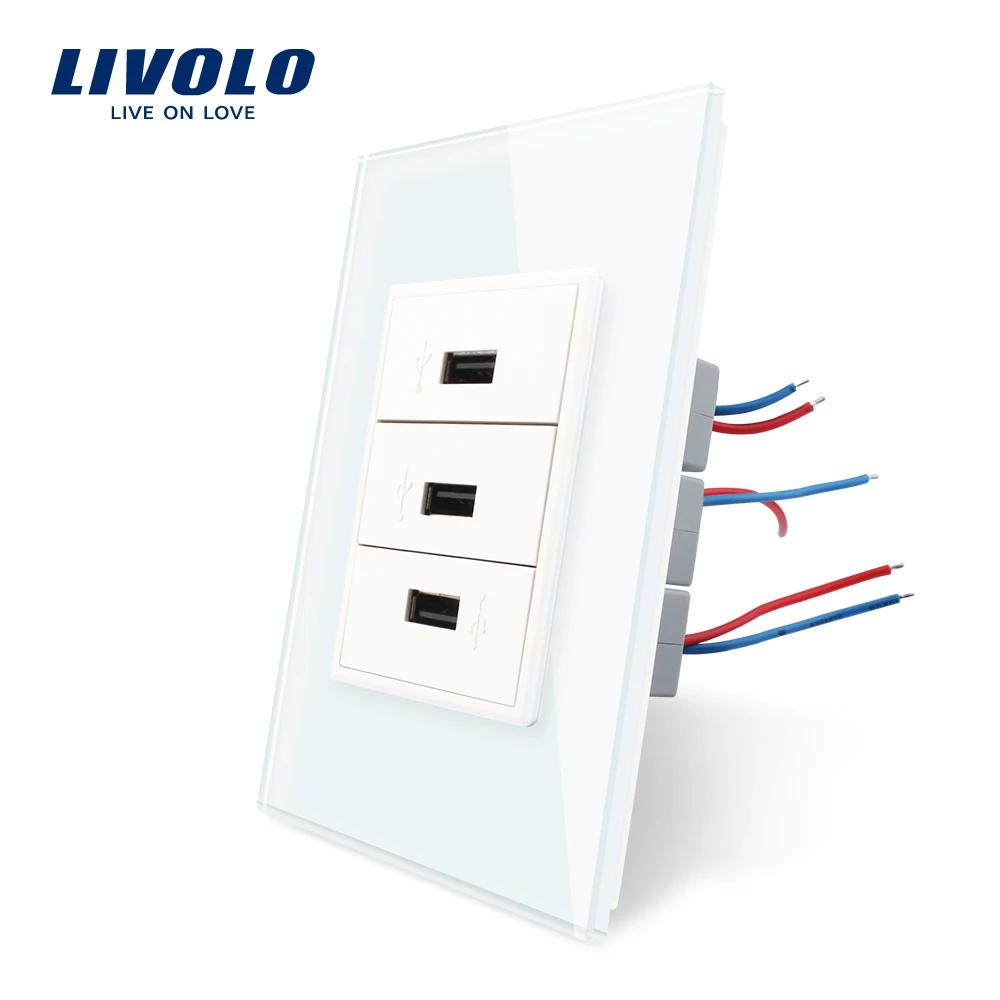 Livolo стандарт США 3 банда usb розетка, Хрустальная стеклянная панель, 110~ 250 В настенная розетка, без логотипа