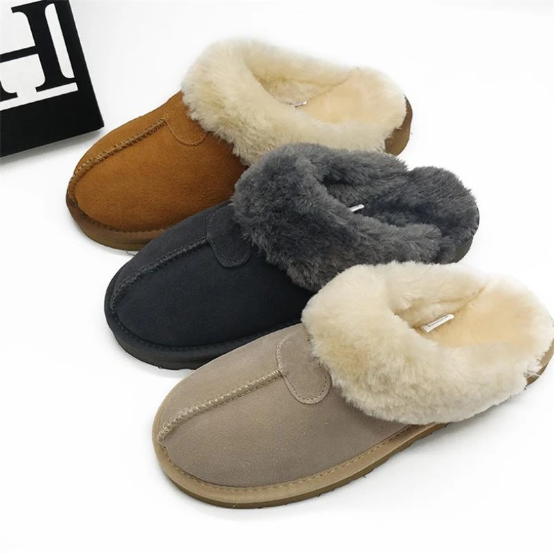 

Women Genuine Leather Fur Slippers Casual Cotton Shoes Female Warm House Slippers Fluffy Wool Couples Snow Boots