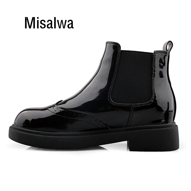 

Misalwa Brogue Style Women Chelsea Boots Glistening Round Toe Ankle Boots Female British Oxford Flat Boots Women Casual Shoes