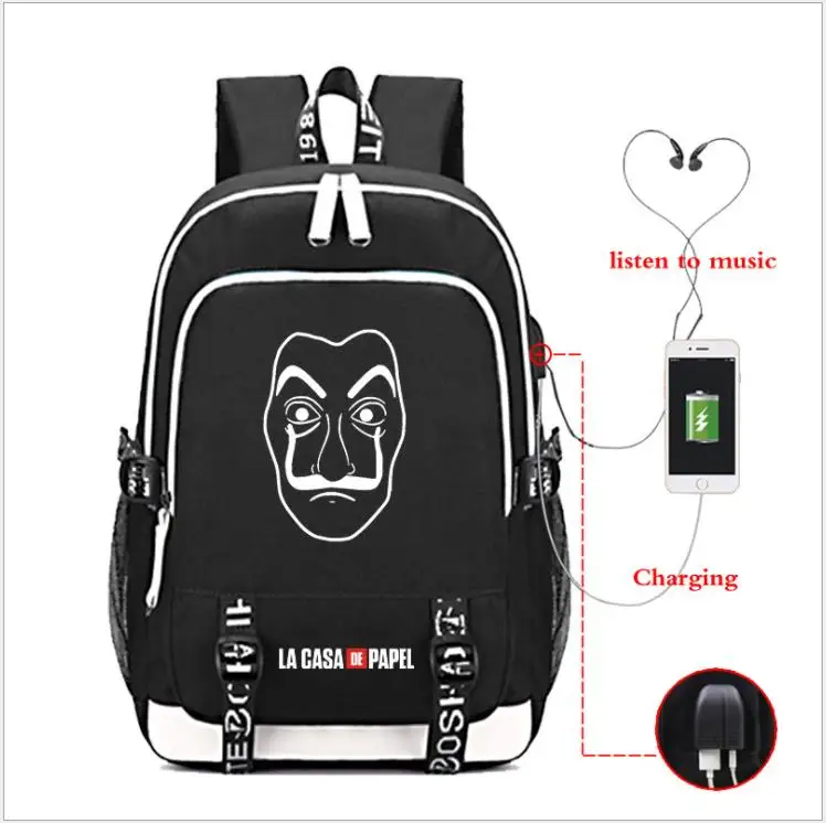 La Casa De Papel Оксфорд рюкзак usb зарядка школьная сумка бумажный дом музыка mochila рюкзак дорожная сумка рюкзак для ноутбука - Цвет: as pictures