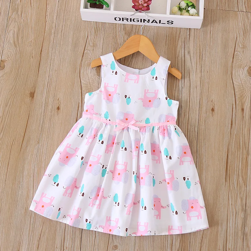 

Th-039 Full Printed Elephant Pattern Bow Girls Dress 2018 Summer New Style Childrenswear Children Shirt