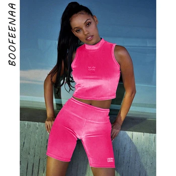 

BOOFEENAA Sexy 2 Piece Set Women Velvet Bodycon Tracksuit Rave Festival Crop Top Pant Biker Shorts Matching Sets C68-AB58