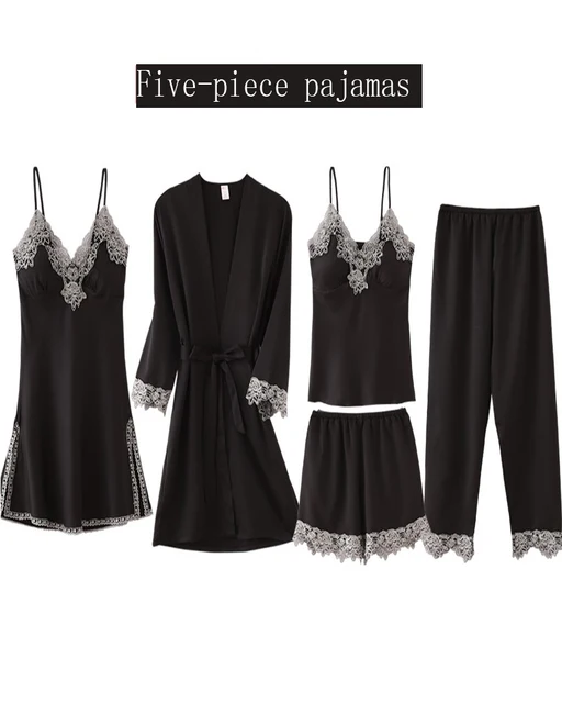 Four seasons new five-piece set with chest pad imitation silk feminine night gown, bathrobe, home service, long-sleeved pajamas blac