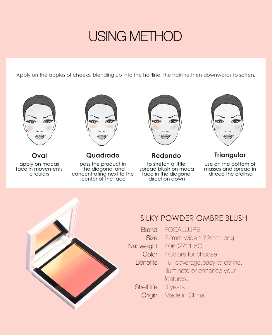 FOCALLURE Brand Face Blush Palette Natural Pink Cheek Waterproof Long Lasting Silky Orange Powder Professional Blush Maquiagem