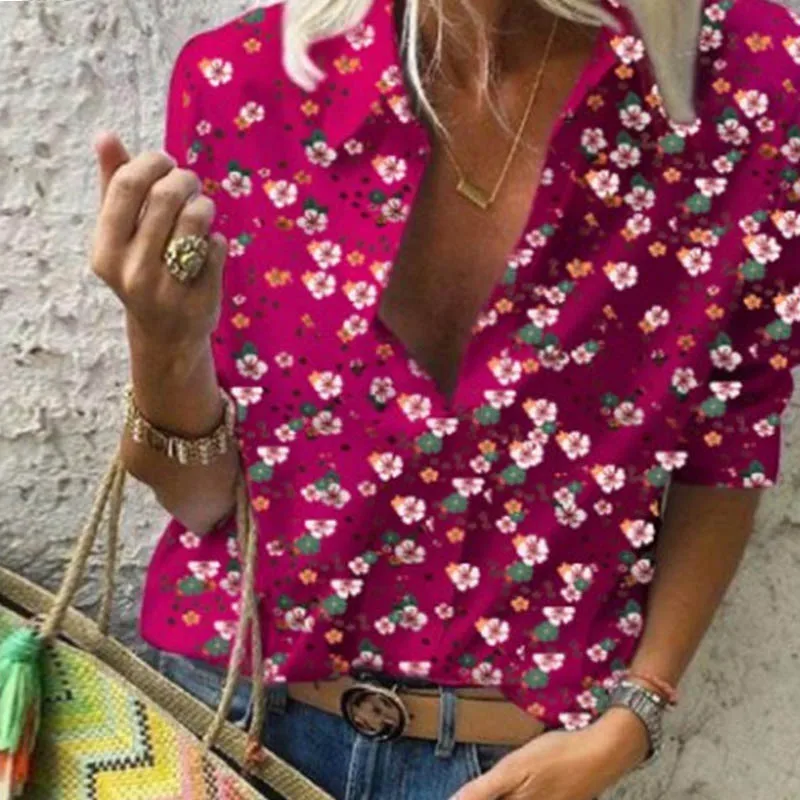 Flowers Red Весенняя женская блузка для отдыха, топы, женские офисные блузки с цепным принтом, женские стильные блузки с длинным рукавом, женские 5XL - Цвет: Flowers Red