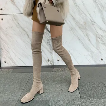 

Over The Knee High Lady Boots Handmade Round Toe High Heel Woman Shoes Sexy Black Quality Cow Suede Elegant Boot