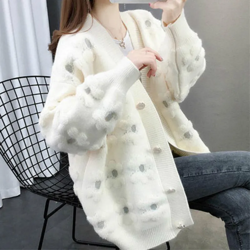Knit Cardigan Sweater 2021 Spring Autumn New Loose Casual V Collar Lantern Sleeves Lazy Wind Hook Flower Women Y192 |