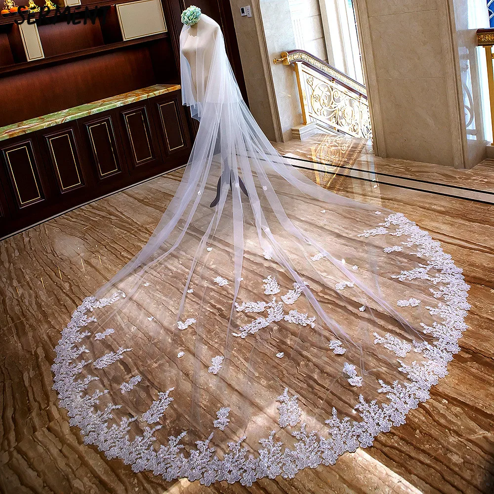 SERMENT Cathedral Wedding Veil Bead Edge Three-Layer Apliqued 400cm Lace Sequins Long Tailed Bride Veil White Wedding Accessorie SERMENT Cathedral Wedding Veil Bead Edge Three-Layer Apliqued 400cm Lace Sequins Long Tailed Bride Veil White Wedding Accessorie