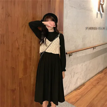 

Women Two Pieces Dress Sets Outfits Long Sleeve Black Dress&V Neck Hllow Out Mini Camisoles Plus Size 4XL Fashion 2pc Skirt Sets