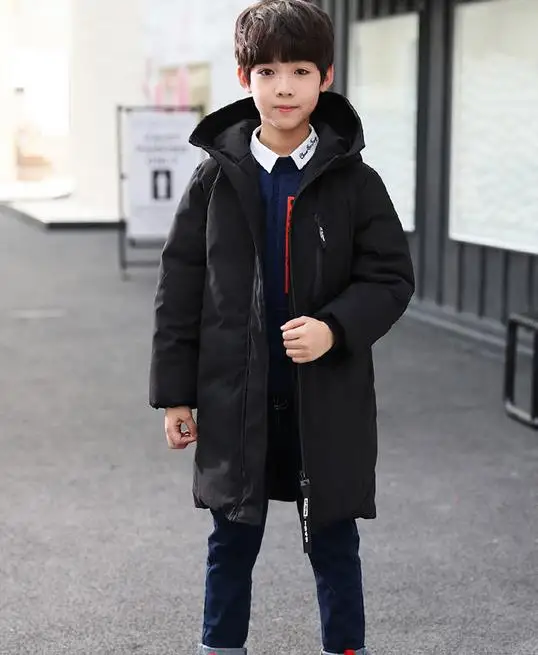 Winter Casual Children Down Cotton Jackets Hooded Printed Kids Snow Long Parka Clothes Thicken Warm Teen Boys Overcoats 5-14T - Цвет: Черный