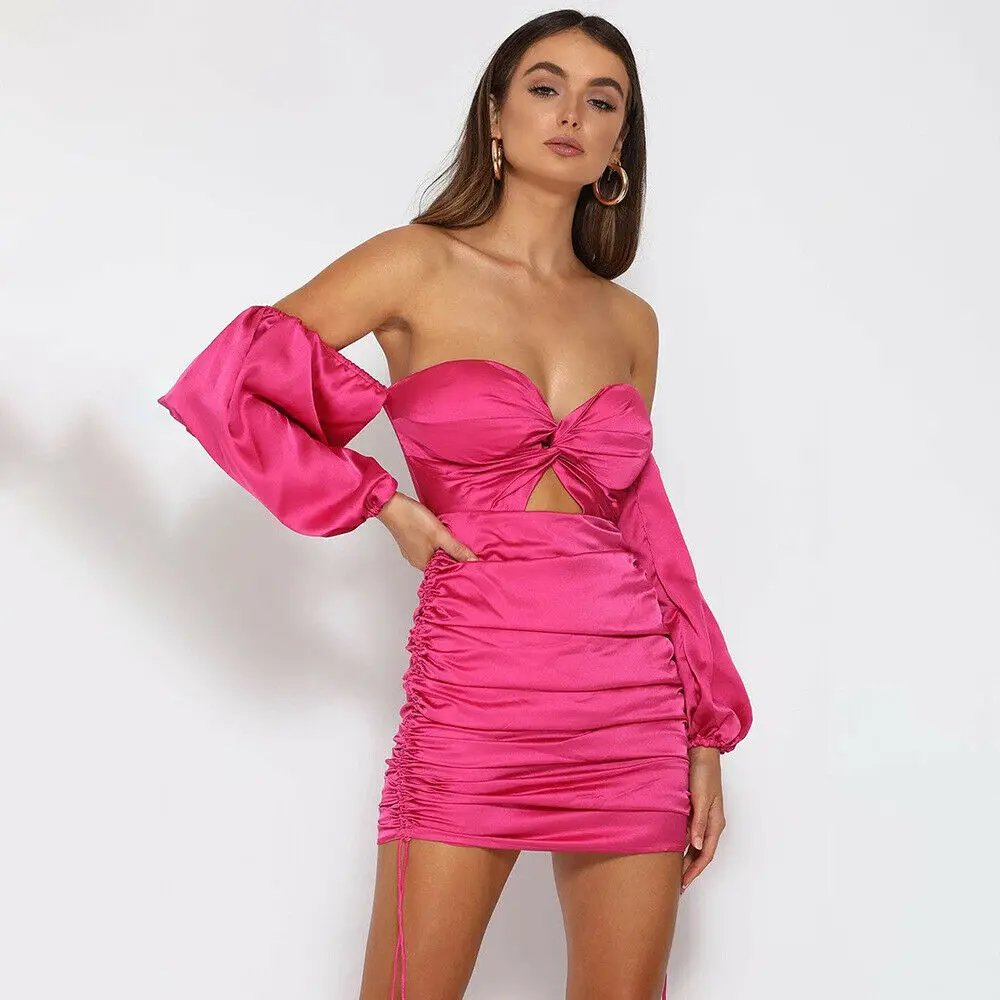 Hot Pink Сексуальное женское платье с открытыми плечами, с длинным рукавом, v-образным вырезом, с открытой спиной, с вырезом, бодикон, с пышными рукавами, Клубная одежда, Повседневные Вечерние Клубные платья - Цвет: Hot Pink