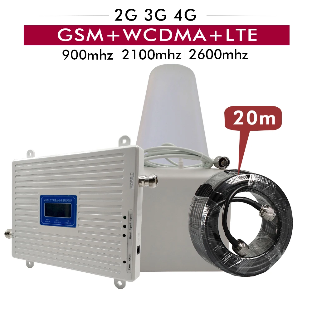 2G 3g 4G трехдиапазонный усилитель сигнала GSM 900 МГц+ UMTS WCDMA 2100(B1)+ FDD LTE 2600(B7) мобильный ретранслятор сигнала полный комплект#20 м