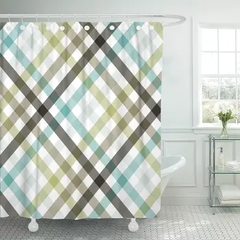 

Blue Black Plaid Diagonal Teal Check Checkered Color Fall Bathroom Curtains Waterproof Polyester Fabric 60 x 72 inches Set