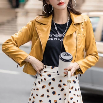

Korean Slim Embroidery Shiny Beading Jacket Women PU Zipper Soft Leather Coat Lady Outerwear 2020 New Spring Autumn Tops C01409