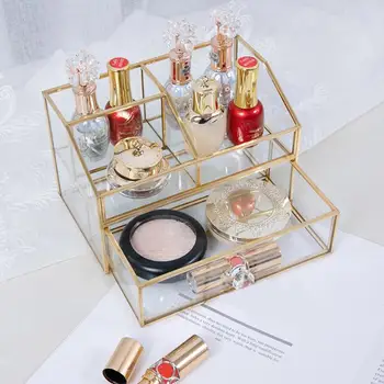 

Nordic Gold Grid Flip Storage Tank Box Luxury Dust-proof Makeup Cosmetics Storage Box Container Micro-Landscape Flower Room