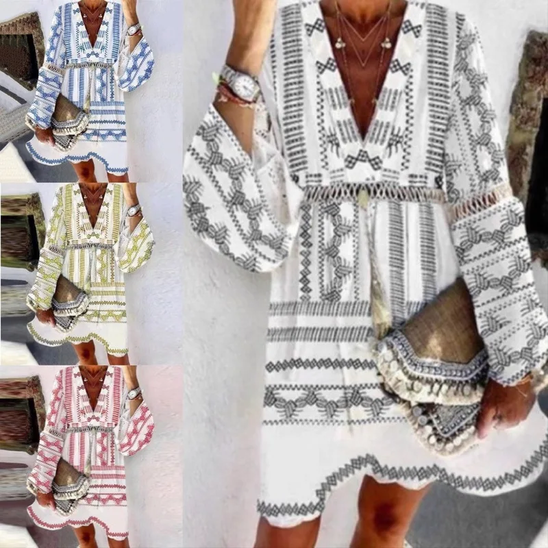 

Bikinis Female 2019 Beach Dresses Pareo Womens Summer Swimsuit Dress Swimsuits Women Printed Geometric Long Sleeve Neck Horn