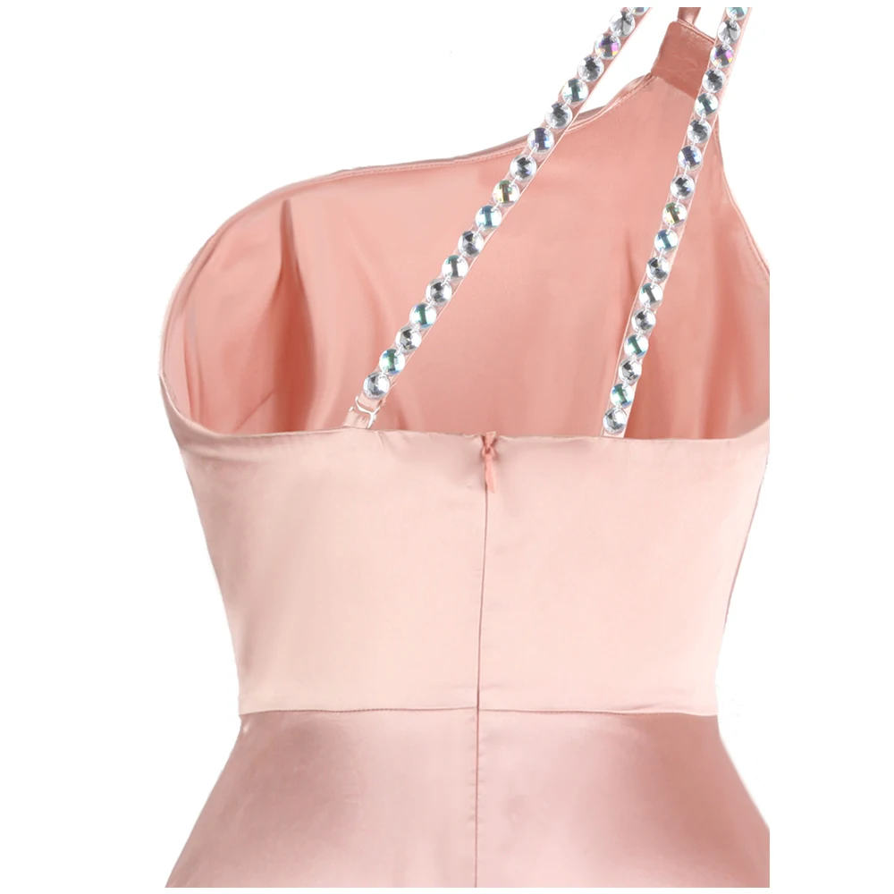 Angel-fashions женское Плиссированное ТРАПЕЦИЕВИДНОЕ длинное платье на одно плечо с отделкой бисером и шлейфом для выпускного вечера розовое W-191111-S