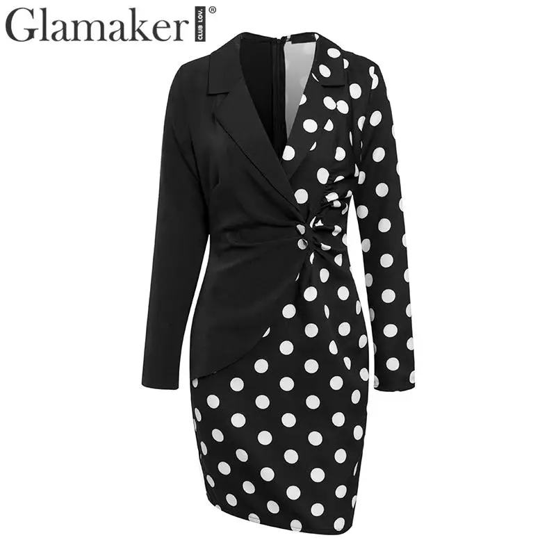 Glamaker в горошек лоскутное сексуальное платье-блейзер женское осеннее элегантное шикарное вечернее платье женское зимнее Клубное платье с длинными рукавами и пуговицами - Цвет: Черный
