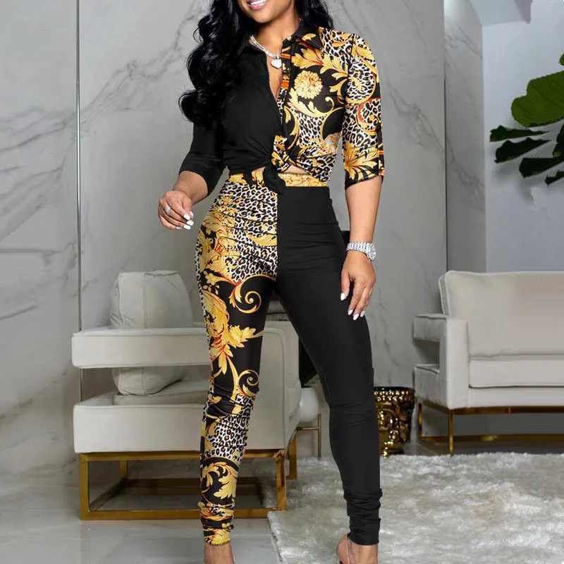2021 New Fashion Women Chic Two Piece Set Outfits Letter Print Colorblock Knot Front Buttoned Top & High Waist Pants Set 2