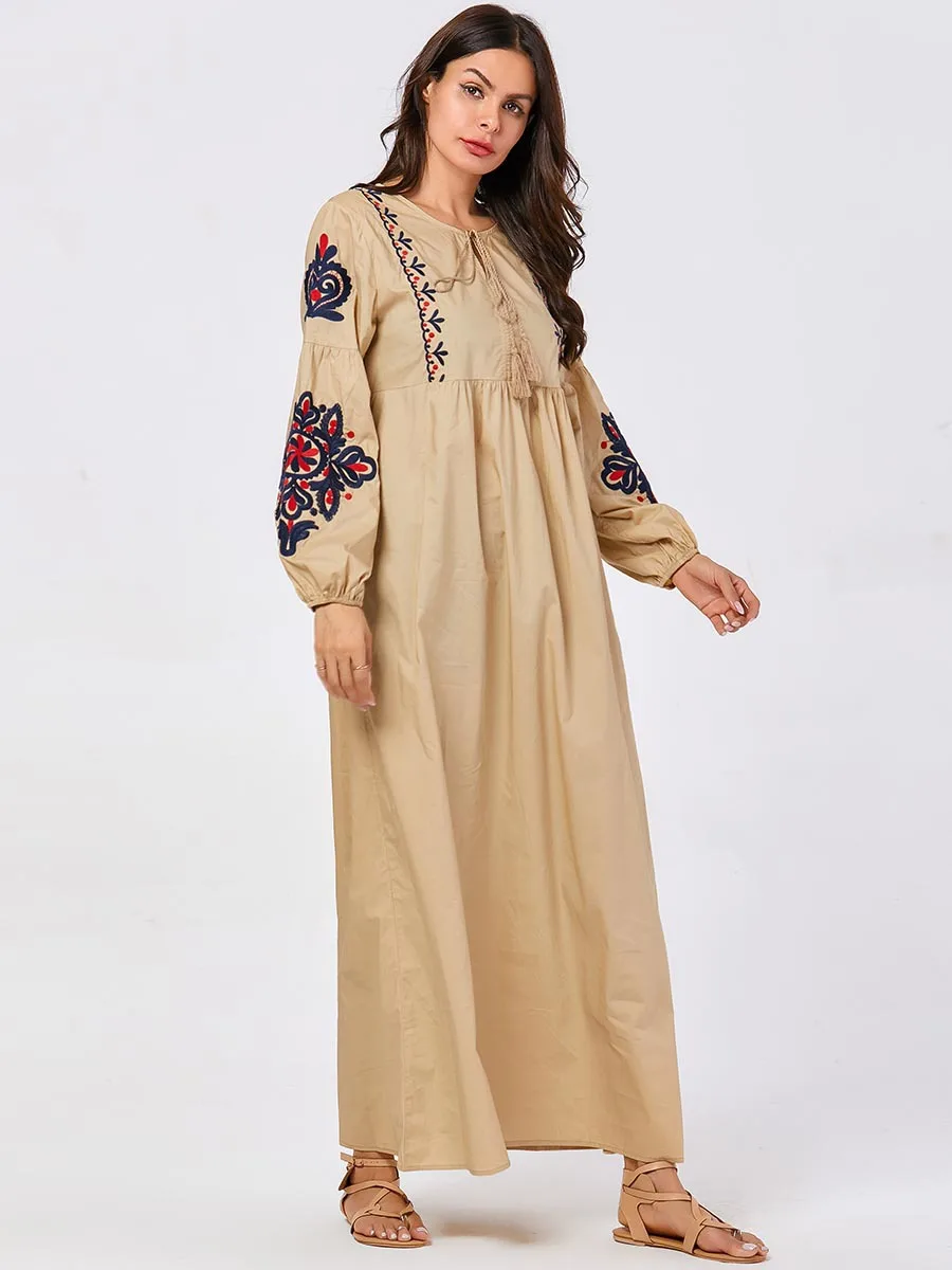 Khaki Kaftan Marocain Удобная Мода Большой размер Женская Осенняя одежда с вышивкой с длинными рукавами мусульманское повседневное большое платье - Цвет: Khaki