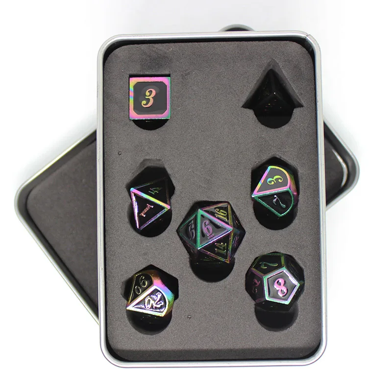 Игральные кости DND Металл РГП набор многогранных подземелья и дракон d20 10 8 настольные игры цинковый сплав Красочные черные цифровые кости шаблон - Цвет: 107 and box