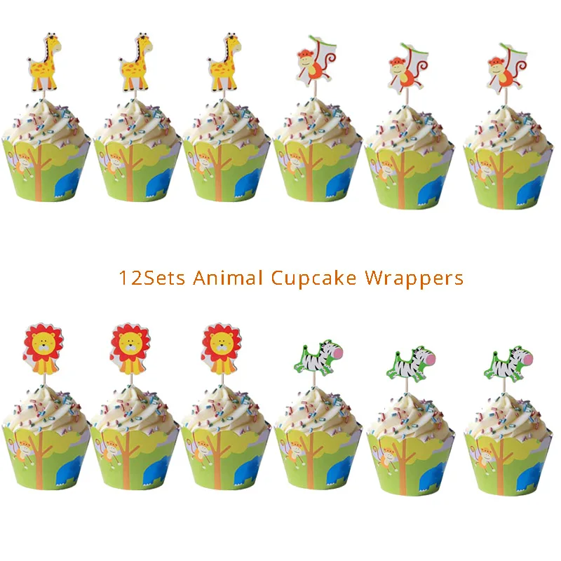 12 sets animals Cyuan Safari/топперы для торта в виде животных на день рождения, флажки для торта, Детские вечерние топперы для торта в виде льва, денег, тигра - Цвет: 12 sets animals