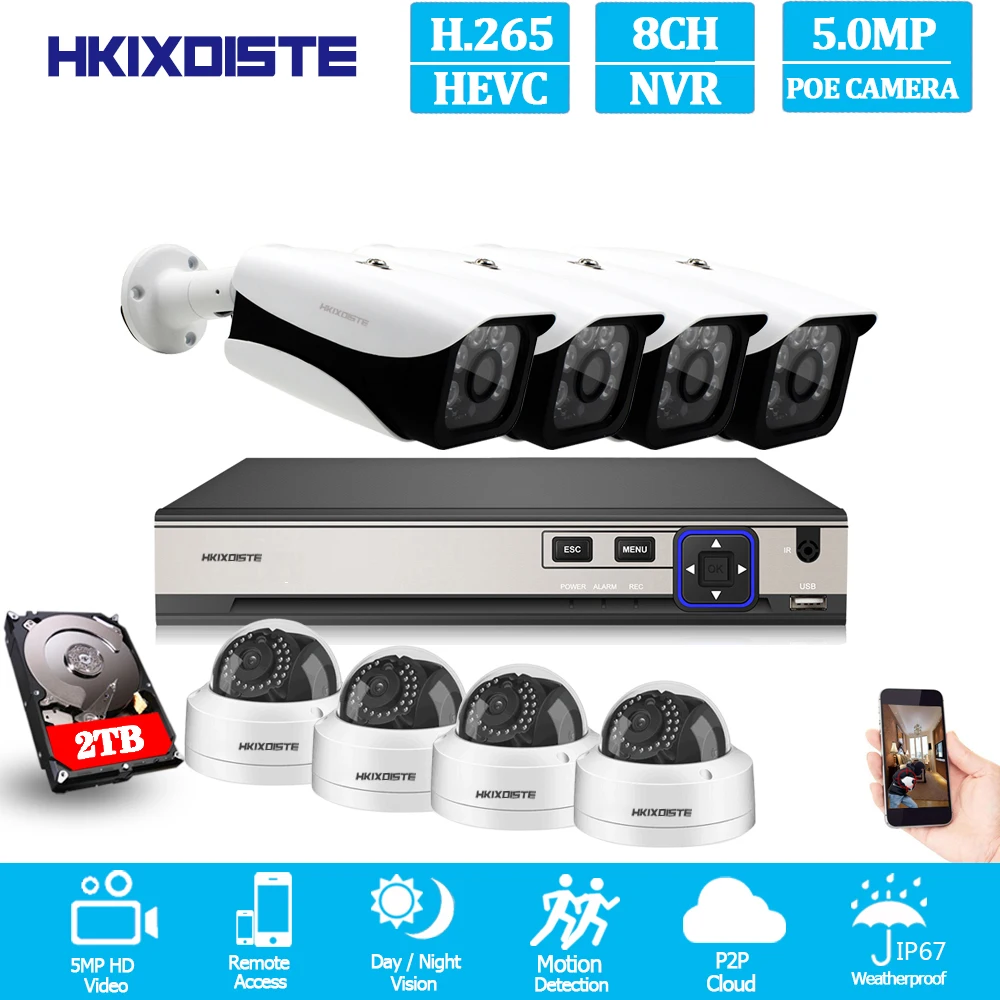 

HKIXDISTE 5mp Security IP Camera POE 48V Bullet Dome poe camera 8CH POE system kit Onvif P2P 8ch poe nvr Plug And Play System
