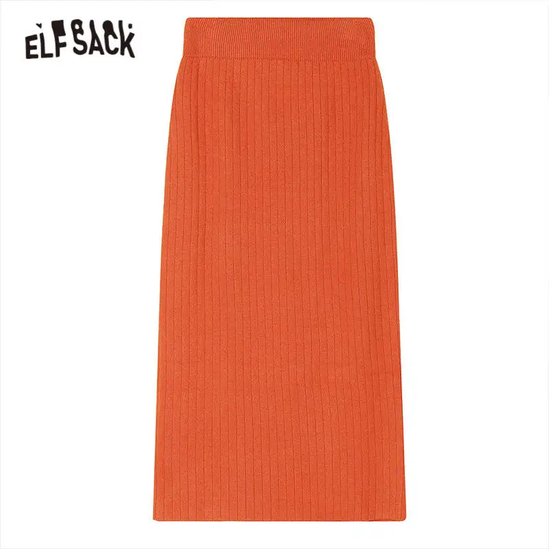 ELFSACK, черная, однотонная, с разрезом, высокая талия, вязаная юбка для женщин, зима, карамель, чистый, новая мода, обтягивающие, офисные, для девушек, повседневные юбки