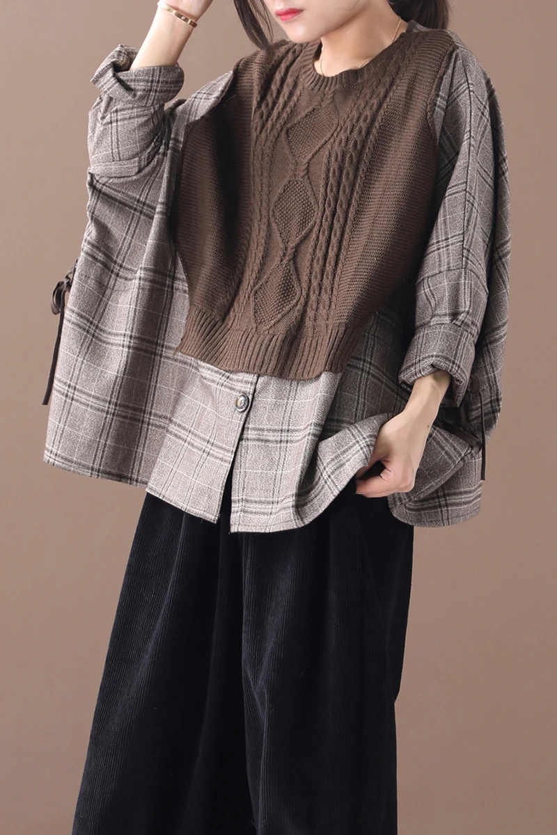 [EWQ] Осень, высокое качество, круглый воротник, длинный рукав "летучая мышь", имитация двух частей, вязанная винтажная рубашка, женская мода, AH519