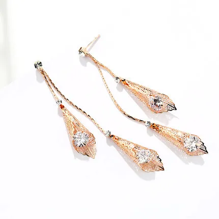 Boho Висячие женские серьги с длинной бахромой серьги с ниспадающими кисточками синтетический фианит винтажные модные ювелирные изделия - Окраска металла: rose gold earring