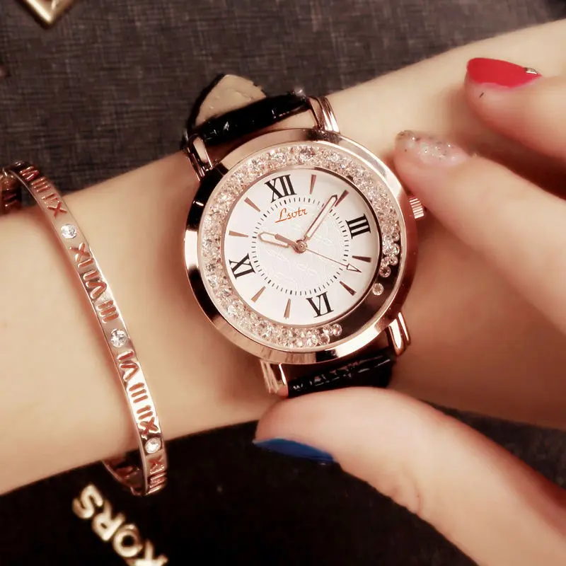 

Genuine WOMEN'S Watch Korean-style Fashion Watch-Style Leather Belt Watch Flow Crystal Quartz Watch