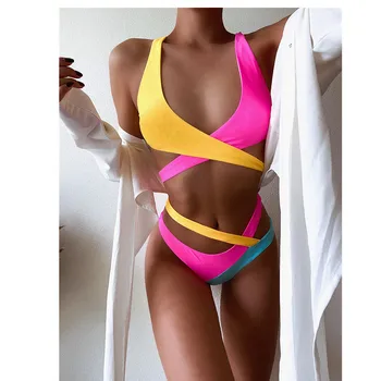 

Swimsuit women patchwork contrast sweet style cross straps push up Brazilian thong bikini mini micro bandage beachwear swimwear
