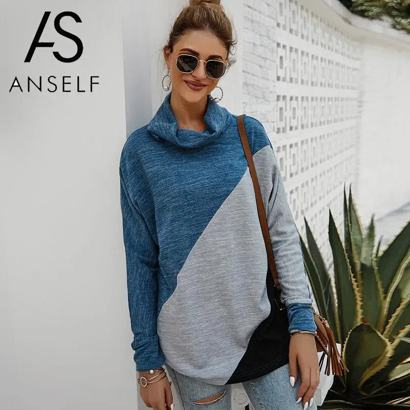 Women T-shirt Turtleneck Long Sleeve tshirt Color Block Splicing Loose Fashion Tunic Autumn T Shirts Casual Top Female